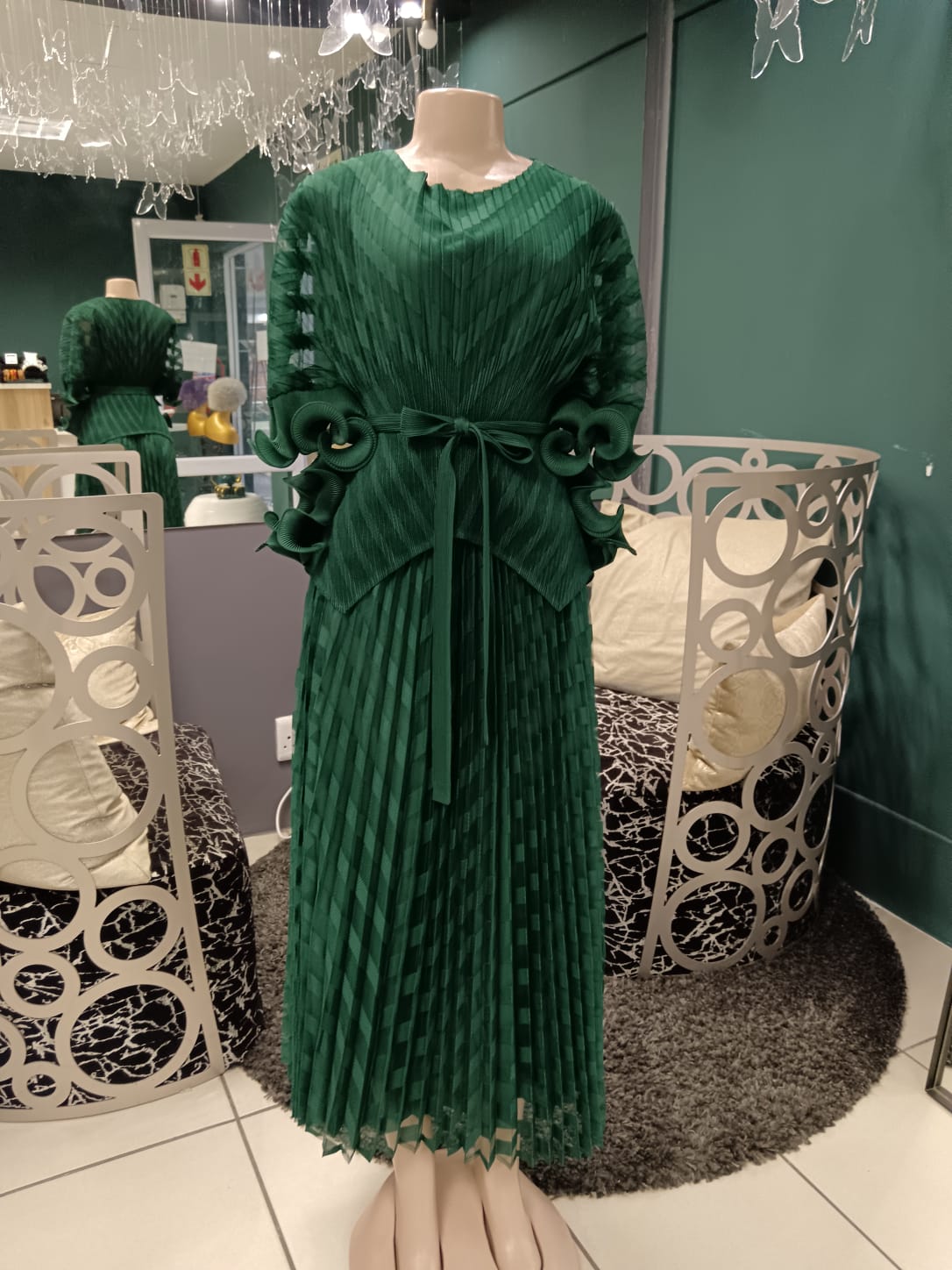 Emerald Muse Pleated Midi Dress